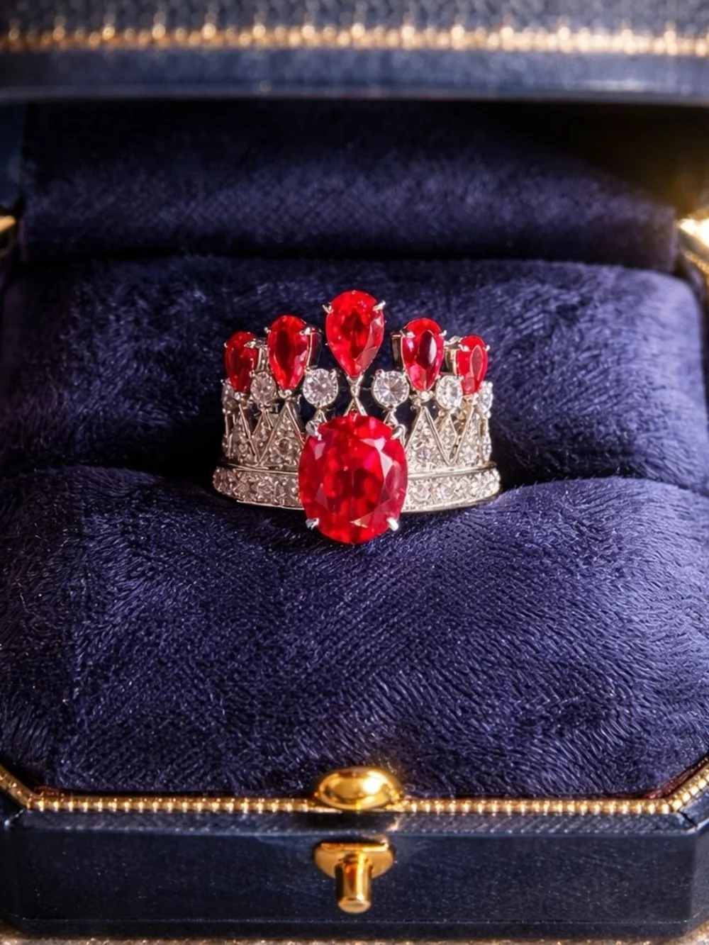 Silver Crown-Style Stackable Ring Set with Red Gemstones - Women Jewelry